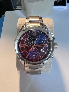Timex Silver Stainless Steel Chronograph Watch with Blue Dial